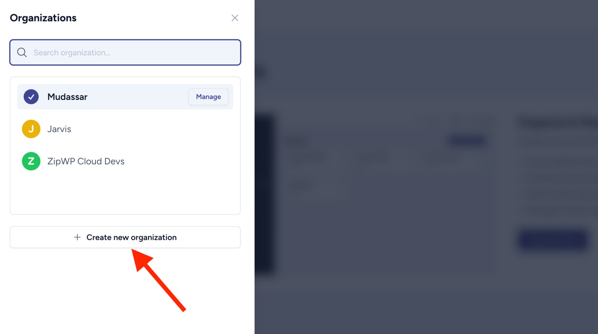 ZipWP Organizations management area.