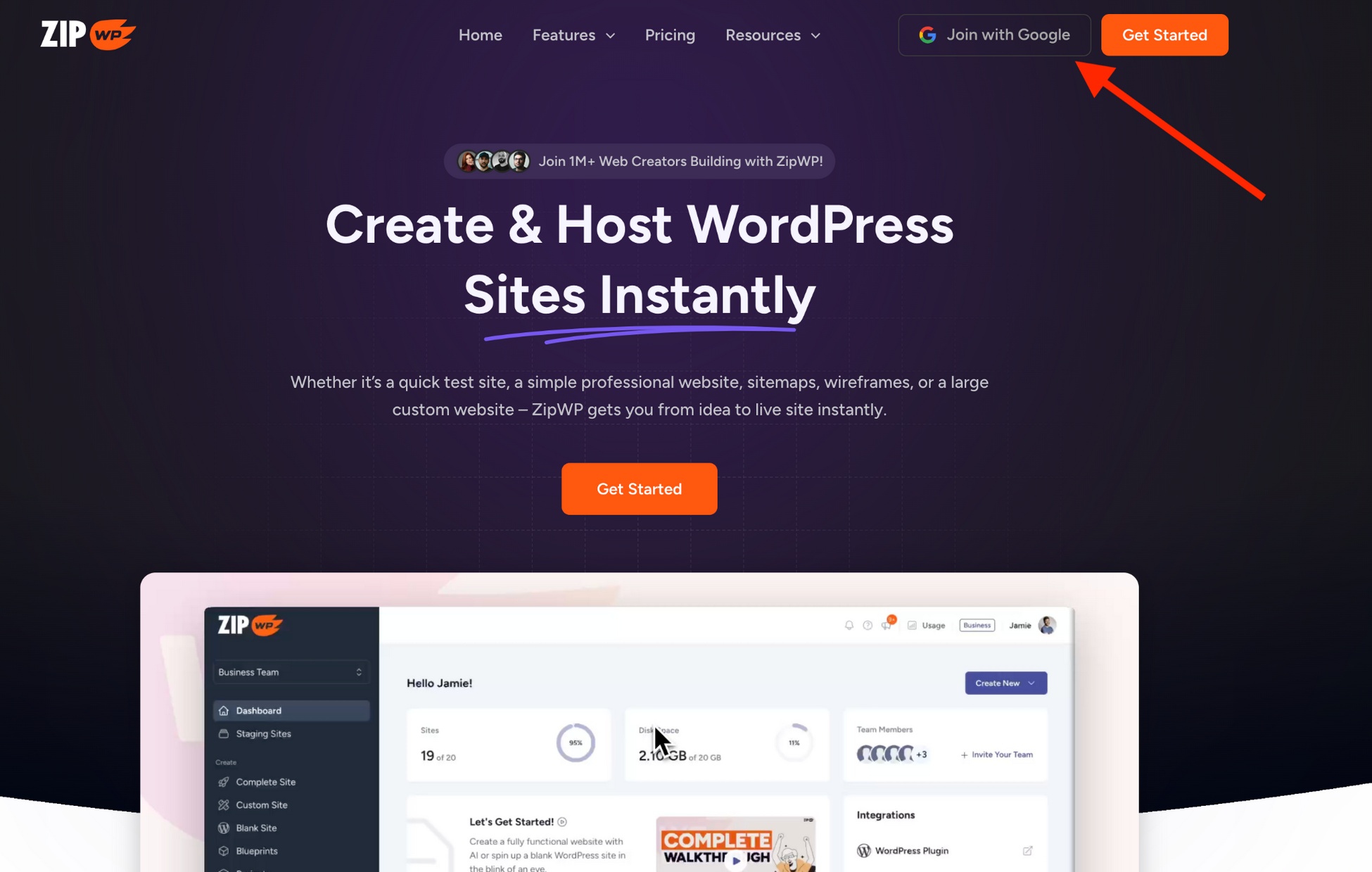 Signing up with ZipWP is easier with Google