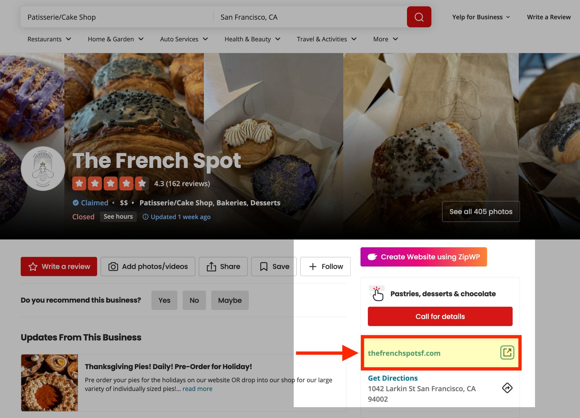 business website link on yelp